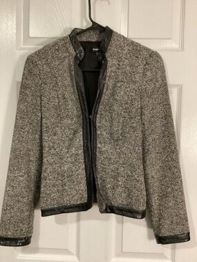 bebe Gray Tweed Blazer with Black Leather Trim and Metal Accents